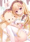  1girl animal_ears bear_ears blonde_hair blush bow bowtie commentary detached_sleeves hair_ornament hairclip highres long_hair looking_at_viewer pink_ribbon purple_eyes ribbon shirosei_mochi solo stuffed_animal stuffed_toy symbol-only_commentary teddy_bear thighhighs two_side_up white_thighhighs yellow_bow yellow_bowtie 
