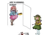  3girls are_you_winning_son?_(meme) black_headwear black_pantyhose blood blood_on_knife blouse bon_bon bow buttons chocolate closed_eyes commentary death diamond_button english_text eyeball food frilled_shirt_collar frilled_skirt frilled_sleeves frills full_body gohei green_hair green_skirt hakurei_reimu hat hat_bow heart heart_of_string holding holding_food holding_knife implied_murder kasuya_baian kneehighs knife komeiji_koishi komeiji_satori light_green_hair long_skirt long_sleeves looking_at_another medium_hair meme multiple_girls no_shoes open_mouth pantyhose pink_eyes pink_hair pink_skirt shirt short_hair siblings simple_background sisters skirt smile socks standing sweets third_eye touhou white_background white_socks yellow_bow yellow_shirt 