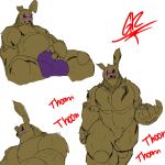  2023 absurd_res animatronic anthro balls_outline barazoku between_pecs biceps big_bulge blush bulge carrying_another carrying_partner clothed clothing digital_media_(artwork) dragon duo extreme_size_difference featureless_crotch five_nights_at_freddy&#039;s five_nights_at_freddy&#039;s_3 fur genital_outline green_body green_fur grilder123 grilder_(character) hi_res lagomorph leporid machine male male/male mammal micro muscular muscular_anthro muscular_male muscular_thighs onomatopoeia pecs purple_eyes quads rabbit robot scottgames size_difference sketch smile sound_effects springtrap_(fnaf) teeth text thick_thighs underwear underwear_only walking 