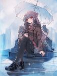  1girl black_hair brown_eyes cat cutlass_(classic_chocolate) highres long_hair long_sleeves noesis original pantyhose rain school_uniform simple_background skirt solo takashiro_maya umbrella 