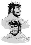  1boy bara beard black_hair blush collage cropped_shoulders dark-skinned_male dark_skin duncan_wijaya_(kokukokuboo) expressions facial_hair greyscale highres kokukokuboo large_pectorals looking_to_the_side male_focus mature_male monochrome muscular muscular_male mustache nude one_eye_closed original pectorals short_hair shoulder_tattoo sideburns smile spiked_hair tattoo thick_eyebrows 