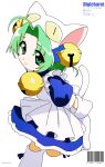  1girl ahoge animal_hat apron arms_behind_back barcode bell blue_dress cat_hat closed_mouth copyright_name dejiko di_gi_charat dress green_eyes green_hair hair_bell hair_ornament hat highres jingle_bell jiryu50610218 looking_at_viewer mittens short_hair short_sleeves simple_background solo tail twitter_username white_apron white_background white_headwear white_mittens 