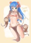 1girl 2016 :3 animal_ears bangs bikini bikini_top_only blue_hair blush boots bow brown_bikini brown_capelet brown_gloves capelet cat_brooch chinese_zodiac commentary_request emurin flat_chest full_body gloves green_eyes hair_bow jumping long_hair looking_at_viewer mage_(ragnarok_online) majiko_(emurin) midriff monkey monkey_ears navel open_mouth pelvic_curtain ragnarok_online red_bow red_footwear red_skirt showgirl_skirt skirt smile swimsuit year_of_the_monkey yoyo_(ragnarok_online) 