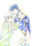  1boy 1girl absurdres blue_hair brother_and_sister cape carrying circlet closed_eyes collar dress fire_emblem fire_emblem:_genealogy_of_the_holy_war grey_eyes grey_hair headband highres holding julia_(fire_emblem) kansaidoyako long_hair open_mouth ponytail princess_carry seliph_(fire_emblem) siblings simple_background smile white_headband 