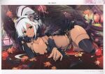  1girl absurdres autumn_leaves black_eyes breasts cleavage gloves high_ponytail highres indoors large_breasts long_hair looking_at_viewer lying official_art page_number parted_lips ponytail scan senran_kagura senran_kagura_new_link shiny_skin simple_background single_glove smile solo thighhighs thighs white_hair yaegashi_nan 