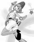  1girl ass boots breasts character_request elbow_gloves gloves greyscale haruyama_kazunori leotard looking_at_viewer monochrome one_eye_closed open_mouth short_hair smile solo star_(symbol) thigh_boots 