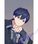  1boy black_jacket black_shirt blue_eyes blue_hair blue_lock closed_mouth glasses grey_background highres holding holding_eyewear isagi_yoichi jacket long_sleeves looking_at_viewer male_focus shirt short_hair sleeves_past_wrists smile sohu solo upper_body 