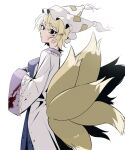  1girl absurdres black_eyes blank_eyes blonde_hair blood blood_on_clothes blood_on_face blood_splatter breasts dress fox_tail from_side hat highres kiliko-san looking_at_viewer mob_cap multiple_tails short_hair simple_background solo tabard tail touhou white_background yakumo_ran 