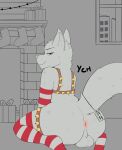  absurd_res anthro balls big_butt blush butt christmas christmas_clothing clothed clothing digital_media_(artwork) elkomodito fur genitals hi_res holidays looking_at_viewer looking_back male nude smile solo tail text thick_thighs wide_hips ych_(character) 
