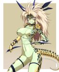  anthro asaricurry female fishnet_clothing hair holding_object horn humanoid knife long_hair monster reptera reptile scales scalie solo spots 