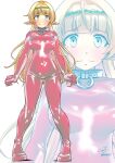  1girl blonde_hair blue_eyes blush bodysuit breasts collar commentary_request embarrassed frown full_body green_hairband hairband isekai_maou_to_shoukan_shoujo_no_dorei_majutsu jelly_shrimp large_breasts latex latex_bodysuit long_hair pointy_ears red_bodysuit shera_l._greenwood signature skin_tight solo standing tachi-e zoom_layer 