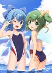  2girls bare_arms bare_legs bare_shoulders black_one-piece_swimsuit blue_bow blue_eyes blush bow cirno collarbone competition_swimsuit daiyousei day detached_wings fairy fairy_wings green_eyes green_hair hair_between_eyes hair_bow highres ice ice_wings long_hair multiple_girls one-piece_swimsuit one_eye_closed open_mouth outdoors side_ponytail smile swimsuit touhou v water wings yuuma_(skirthike) 