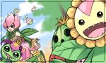  boxing_gloves cactus day digimon digimon_(creature) fairy flower highres lalamon lilimon looking_at_viewer monster_girl mozzzz open_mouth outdoors palmon petals plant plant_girl plant_monster sharp_teeth spines sunflowmon teeth togemon 