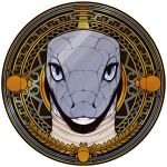  anthro black_mamba blue_eyes coin decorative_scarab djed elapid_(snake) front_view gold_(metal) hi_res male mamba medallion omari portrait ptolemy_xii reptile scales scalie silver_(metal) snake solo wrappings wreath 