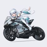  1girl :d absurdres aurora_project black_necktie blue_eyes blue_hair braid dress ducati hayashi_iro highres light_blue_hair long_hair looking_at_viewer motor_vehicle motorcycle necktie on_motorcycle open_mouth outstretched_arm pants riding simple_background smile solo v virtual_youtuber white_background white_dress white_footwear white_pants wide_sleeves yeong_n_r6 