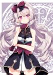  1girl beretta_crossrain blush bow commentary_request cowboy_shot crossed_arms grey_background grey_hair hair_bow highres indie_virtual_youtuber long_hair pink_eyes ringlets smile solo standing thighhighs totomono virtual_youtuber white_background 