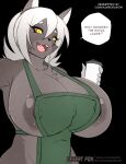  2021 anthro apron apron_only areola artist_name big_breasts biped black_background breasts canid canine canis clothing container cup english_text female green_apron grey_areola grey_body grey_nipples hair holding_container holding_cup holding_object huge_breasts mammal mostly_nude nipples open_mouth pupils red_sclera sagestrike2_(artist) selena_(baelfire117) simple_background slit_pupils solo speech_bubble text white_hair wolf yellow_eyes 