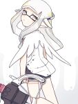  1girl black_shorts bow_(weapon) capelet commentary eyelashes headpiece holding holding_bow_(weapon) holding_weapon inkling inkling_girl inuowour long_hair looking_back pointy_ears reef-lux_450_(splatoon) shirt shorts simple_background solo splatoon_(series) splatoon_3 weapon white_background white_capelet white_eyes white_hair white_shirt 