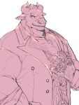  1boy animal_ears bara bouquet chest_tuft commentary_request cow_ears cow_horns facial_hair flower formal furry furry_male goatee grin gyumao_(housamo) highres holding holding_bouquet horns jewelry lapels large_pectorals male_focus mature_male minotaur mohawk monochrome muscular muscular_male necklace notched_lapels official_alternate_costume peaked_lapels pectoral_cleavage pectorals rose scar scar_on_face scar_on_nose shiratori_yokikana shirt short_hair sleeves_rolled_up smile solo striped striped_shirt suit thick_eyebrows tokyo_afterschool_summoners upper_body vertical-striped_shirt vertical_stripes white_background 