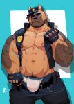  2021 abs absurd_res anthro ashendawger beard belt blake_(ashendawger) blue_background bottomwear bulge canid canine canis chain clothed clothing domestic_dog facial_hair fingerless_gloves flirting_look german_shepherd gloves handwear herding_dog hi_res male mammal muscular muscular_anthro muscular_male navel nipple_piercing nipples open_bottomwear open_clothing open_pants pants pastoral_dog pecs piercing police police_badge police_hat simple_background solo topwear underwear vest watermark 