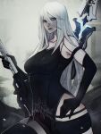  1girl absurdres black_shorts black_tank_top blue_eyes breasts collarbone elbow_gloves gloves hair_between_eyes hand_on_own_hip highres holding holding_sword holding_weapon joints large_breasts long_hair looking_at_viewer nier:automata nier_(series) polearm robot_joints shorts solo sword tank_top thighhighs upper_body weapon weapon_on_back white_hair xuuikie_ashe yorha_type_a_no._2 