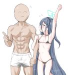  1boy 1girl abs aris_(blue_archive) arm_up bikini black_hair blue_archive blush boxer_briefs breasts commentary halo highres long_hair male_underwear micro_bikini naltal small_breasts smile swimsuit thumbs_up underwear very_long_hair 