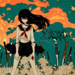  1girl album_cover aqua_background black_hair black_skirt blunt_ends closed_mouth collarbone colored_skin commentary_request cover distortion earbuds earphones english_commentary feet_out_of_frame field field_of_blades fire flame floating_hair flower flower_field flower_request half-closed_eyes highres holding_digital_media_player katana legs_apart long_hair looking_at_viewer midriff_peek mixed-language_commentary navel neckerchief original planted planted_sword pleated_skirt red_eyes red_neckerchief school_uniform serafuku shirt skirt sleeves_rolled_up smile solo sword translated tsurime washiya0 weapon white_flower white_shirt white_skin wind wind_lift 