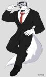  2019 anthro artist_name black_clothing black_footwear black_hair black_shoes black_suit blue_eyes canid canine canis claws clothing dated dhanisani dress_shirt facial_hair finger_claws footwear fur goatee grey_body grey_fur hair hand_on_hip hi_res male mammal necktie randy_mcgrath red_necktie shirt solo suit topwear twitter_handle white_clothing white_shirt white_topwear wolf 