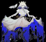  1boy black_background blanca_(fate) blue_eyes bug centipede clothes_lift cricket crown diamond_hairband dress dress_lift fate/grand_order fate_(series) grey_hair long_sleeves looking_at_viewer male_focus medium_hair moth no_wings oberon_(fate) provercrinolin simple_background smile white_dress 