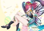  1girl animal_ears bare_shoulders boots breasts butterfly_wings detached_sleeves facial_mark fairy fairy_wings fake_animal_ears fire_emblem fire_emblem_heroes flower foot_out_of_frame frilled_skirt frills hair_flower hair_ornament hair_over_one_eye head_on_hand high_heel_boots high_heels legs looking_at_viewer medium_breasts midriff plant plant_hair rabbit_ears shoochiku_bai short_hair sitting skirt smile solo thighs triandra_(spring)_(fire_emblem) vines watermark wings 