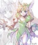  1girl armor blonde_hair blue_eyes breasts bridal_gauntlets dress gloves helmet highres long_hair looking_at_viewer low-tied_long_hair polearm riesz seiken_densetsu seiken_densetsu_3 simple_background solo very_long_hair weapon white_background winged_helmet 