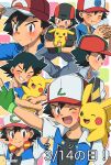  1boy :t ;d ash_ketchum black_gloves black_hair blue_jacket blush brown_eyes closed_mouth commentary_request eating fingerless_gloves food food_on_face gloves green_gloves grin hat highres holding holding_food holding_pokemon jacket kousuke_(ko_suke) male_focus multiple_views on_shoulder one_eye_closed open_mouth outline pikachu pokemon pokemon_(anime) pokemon_(classic_anime) pokemon_(creature) pokemon_bw_(anime) pokemon_dppt_(anime) pokemon_on_shoulder pokemon_rse_(anime) pokemon_sm_(anime) pokemon_xy_(anime) red_headwear short_hair smile sweatdrop teeth 