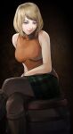  1girl ashley_graham bare_shoulders barrel black_pantyhose blonde_hair bob_cut boots bracelet breasts crossed_legs feet_out_of_frame gauss_&lt;bokashi green_skirt highres jewelry knee_boots looking_at_viewer medium_breasts medium_hair orange_shirt pantyhose plaid plaid_skirt portrait resident_evil resident_evil_4 resident_evil_4_(remake) shirt sitting skirt sleeveless sleeveless_turtleneck smile solo swept_bangs turtleneck 