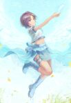  1girl abstract_background absurdres ahoge air_bubble arm_up asakura_toru blue_eyes boots bubble commentary_request gradient_hair grey_hair hai_bokusha highres idolmaster idolmaster_shiny_colors knee_boots knee_up looking_away midriff multicolored_background multicolored_hair navel short_hair short_sleeves solo thigh_strap 