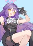  1girl ascot black_gloves black_shorts black_thighhighs breasts cosplay dmr_pic gloves hair_between_eyes highres holding holding_scissors holding_weapon honkai_(series) honkai_impact_3rd lio_fotia lio_fotia_(cosplay) long_hair looking_at_viewer open_mouth promare purple_hair scissors shorts simple_background single_bare_shoulder single_thighhigh sirin small_breasts solo thighhighs weapon yellow_eyes 