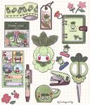  ^_^ animal_print buttons closed_eyes commentary_request english_text floral_print flower grid_background leaf mochopaccho no_humans notebook pen petilil pokemon pokemon_(creature) scissors simple_background stapler tag tape white_background 