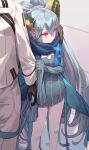  1boy 1girl blush braid breasts curled_horns fate/grand_order fate_(series) green_horns hair_between_eyes highres horns large_breasts long_hair long_horns long_sleeves pointy_ears purple_eyes scarf symbol-shaped_pupils tesin_(7aehyun) thighs tiamat_(fate) very_long_hair 