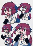  1girl 1other ? \||/ animal_ears antenna_hair blue_eyes chibi dog_ears dog_tail fangs finger_in_another&#039;s_mouth floppy_ears hair_between_eyes hand_up highres multiple_views original purple_hair sharp_teeth simple_background sweat tail tail_raised teeth tongue tongue_out white_background yaigi 