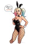  1girl alternate_costume animal_ears artist_name black_bow black_bowtie black_leotard blonde_hair blue_eyes blue_hair bow bowtie carrot_earrings dc_comics detached_collar earrings english_text fishnet_pantyhose fishnets food-themed_earrings hand_on_own_hip harley_quinn highres jewelry leotard looking_at_viewer multicolored_hair olena_minko pantyhose patreon_username pink_hair playboy_bunny rabbit_ears short_twintails simple_background solo speech_bubble tail twintails web_address white_background 