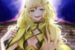  1girl blonde_hair book breasts cape circlet cleavage fire_emblem fire_emblem_fates grey_eyes holding holding_book kumao_(jinsei_wa_dead_end) looking_at_viewer medium_breasts night night_sky ophelia_(fire_emblem) sky smile swept_bangs teeth turtleneck upper_teeth_only 