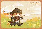  1boy :d arknights bandana black_footwear black_gloves black_headwear black_jacket black_pants border brown_border cabbie_hat chibi fingerless_gloves flower full_body gloves hair_between_eyes hat highres holding holding_sword holding_weapon jacket katana light_brown_hair long_sleeves male_focus oonohara_kenya open_clothes open_jacket pants pointing puffy_long_sleeves puffy_sleeves red_(npc)_(arknights) red_eyes running shirt shoes smile solo starry_background sword weapon white_flower white_shirt yellow_flower 