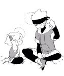  2boys animal_ears cat_boy cat_ears crossed_legs drawstring greyscale hand_up headband highres hood hood_down hoodie luo_xiaohei luo_xiaohei_zhanji monochrome multiple_boys nploser pants_under_shorts short_sleeves shorts sitting 