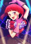  1girl arima_kana black_headwear black_skirt bob_cut gloves happy hat highres idol idol_clothes inverted_bob looking_at_viewer open_mouth oshi_no_ko pink_gloves red_eyes red_hair sayu_design7 short_hair skirt smile solo stage stage_lights v 