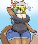  &lt;3 absurd_res anthro arm_tuft armpit_hair armpit_tuft belly_overhang big_breasts blue_highlights body_hair bottomwear breasts brown_body brown_fur canid canine canis claws cleavage cleavage_overflow clothed clothing cosplay curvy_figure cutoffs darkwolfhybrid denim denim_clothing elbow_tuft eyes_closed fake_horns female fur hair hand_behind_head hat headgear headwear hi_res highlights_(coloring) horn huge_breasts long_hair mammal mature_anthro mature_female miss_kobayashi&#039;s_dragon_maid muffin_top nipple_outline nipples overweight overweight_anthro overweight_female quetzalcoatl_(dragon_maid) shirt shorts slightly_chubby solo tank_top thick_thighs tight_clothing topwear tuft voluptuous voluptuous_female wide_hips wolf yuko_(darkwolf) 