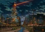 abandoned absurdres brick_wall broken_window building city cloud commentary_request dilapidated highres kyoto_tower lamppost night night_sky original outdoors overgrown post-apocalypse railing road_sign ruins scenery sign sky snow star_(sky) starry_sky tokyogenso water 