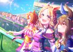  &gt;_&lt; 6+girls admire_vega_(umamusume) animal_ears blonde_hair brown_hair crown ear_covers hand_on_own_chest highres horse_ears horse_girl horse_racing_track horse_tail low_ponytail mini_crown multiple_girls narita_top_road_(umamusume) open_mouth orange_hair purple_shirt school_uniform shirt single_ear_cover t.m._opera_o_(umamusume) tail tracen_school_uniform umamusume:_road_to_the_top 