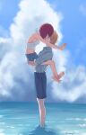  1boy 1girl arima_kana beach blonde_hair blue_pants blue_sky bob_cut carrying cloud cloudy_sky full_body grey_shirt highres hoshino_aquamarine inverted_bob kiss oshi_no_ko pants red_hair shirt short_hair shorts sky tsunkyunn white_shirt 