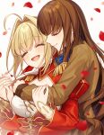  2girls blonde_hair blue_bow blue_bowtie blush bow bowtie breasts brown_hair brown_jacket closed_eyes closed_mouth collarbone collared_jacket fate/extra fate_(series) fingernails hair_between_eyes hands_up highres hug hug_from_behind jacket karokuchitose kishinami_hakuno_(female) large_breasts long_hair long_sleeves multiple_girls nero_claudius_(fate) nero_claudius_(fate/extra) open_mouth petals red_jacket shirt short_hair simple_background smile tongue white_background white_shirt wide_sleeves yuri 