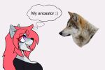  anthro big_breasts breasts canid canine canis clothing english_text female fur grey_body grey_fur hair lemondude looking_up mammal my_ancestor! open_mouth pink_hair purple_eyes real serena_(lemondude) simple_background text wolf 
