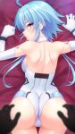  1girl ass back bare_shoulders blue_hair blush breasts collar elbow_gloves from_behind gloves hair_between_eyes highres irori_(irorixc) leotard light_blue_hair looking_back neptune_(series) power_symbol red_eyes short_hair_with_long_locks small_breasts solo symbol-shaped_pupils thighhighs white_gloves white_heart white_leotard 